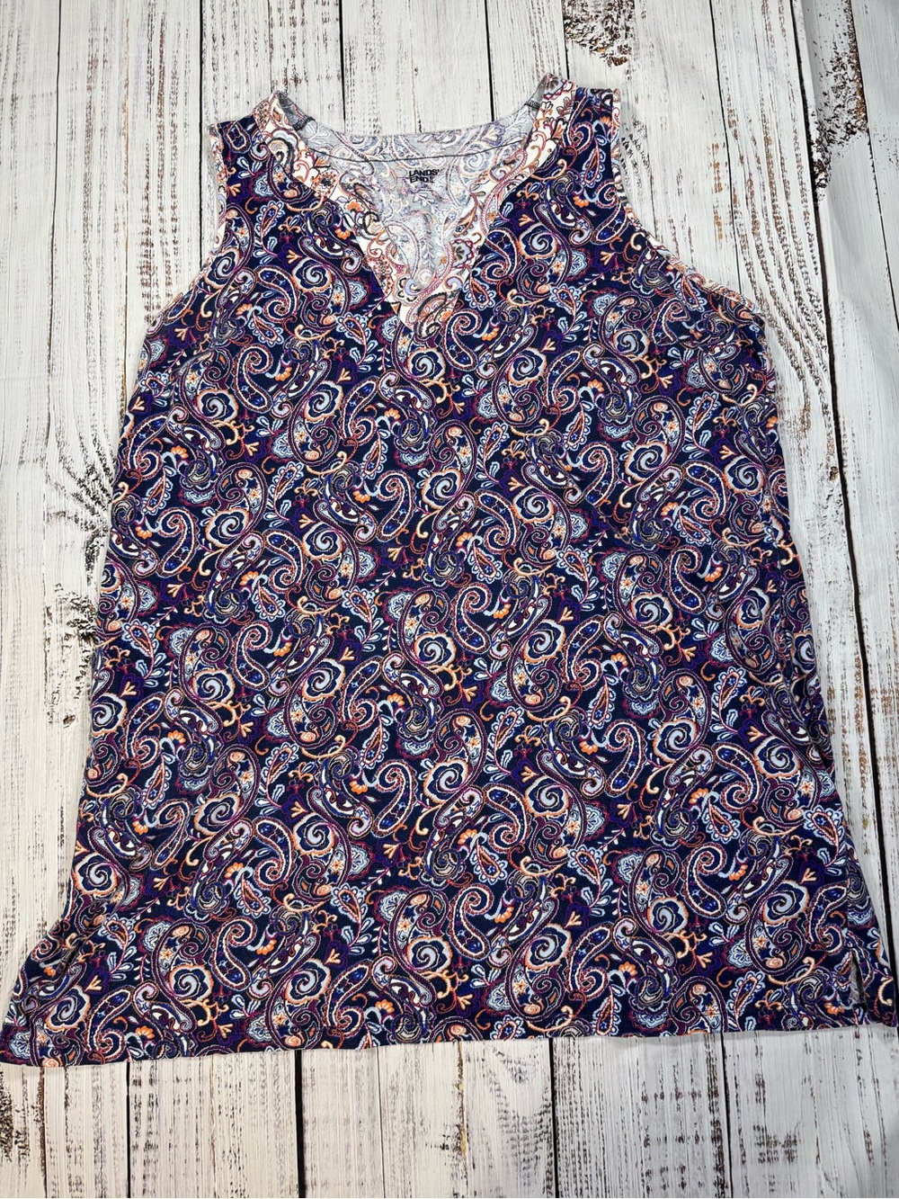 Lands’ End Blue Notch Neckline Paisley Jersey Knit Dress Women’s 2XL